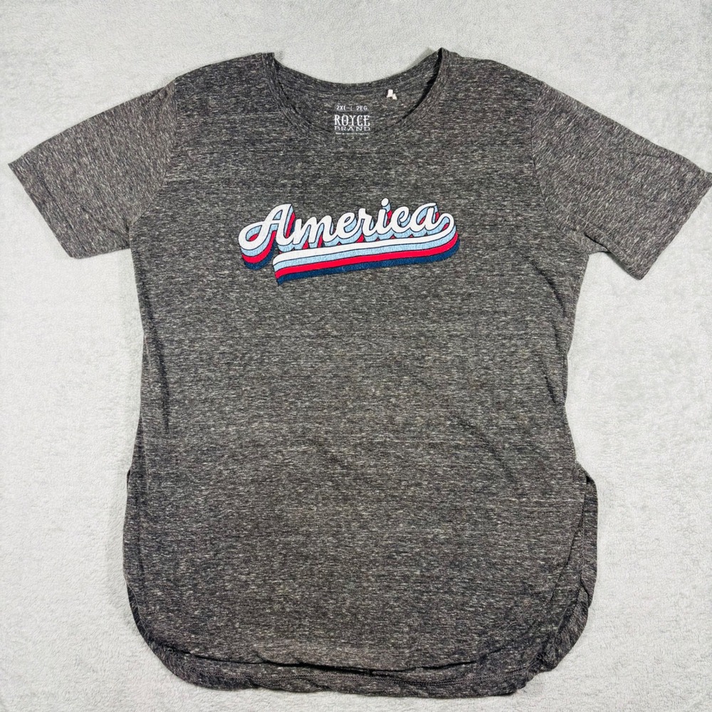Royce Brand Womens T-Shirt America Graphic‎ Gray Sz 2XL USA Patriotic Distressed